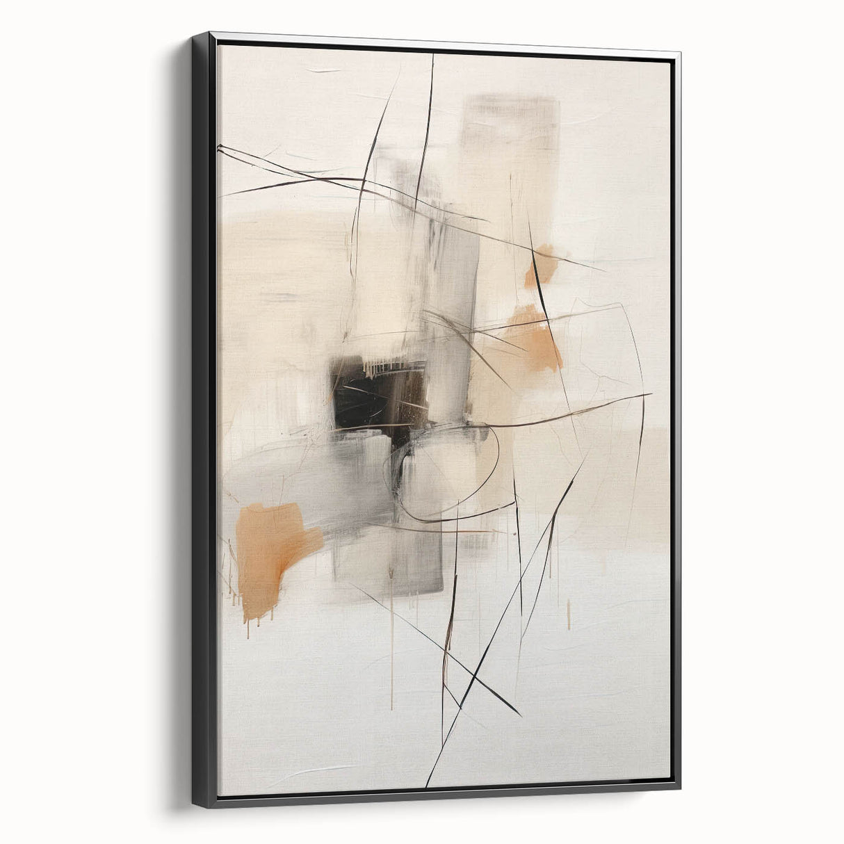 Framed minimalist abstract wall art featuring bold black tones and clean lines, displayed in a sleek side view, perfect for modern home decor.