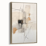 Framed abstract minimalist wall art featuring gold accents, displayed at an angle to highlight its sleek design and elegant presentation for modern decor.