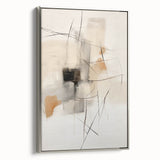 Abstract minimalist wall art design on a framed canvas showcasing a silver color palette, viewed from the side, highlighting its sleek modern aesthetic.
