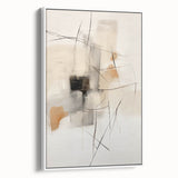 Framed abstract minimalist wall art in white, showcasing geometric patterns and soft color transitions, perfect for modern home decor.