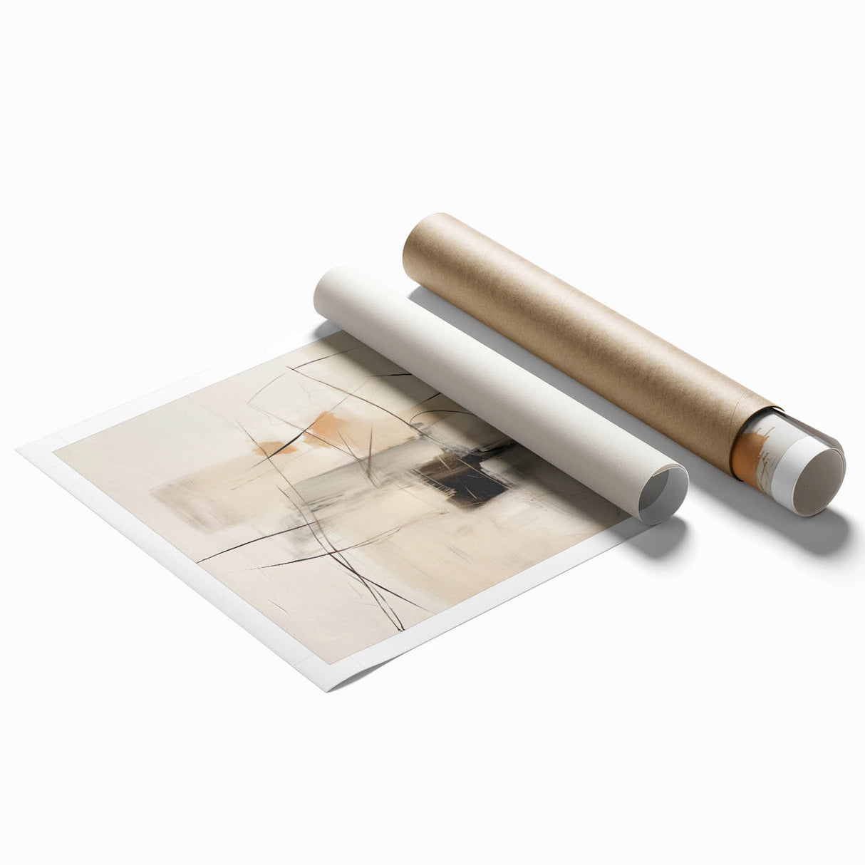Abstract minimalist wall art print showcasing soft pastel colors and geometric shapes, rolled and ready for display, emphasizing modern decor aesthetics.