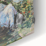 Abstract figurative acrylic artwork displayed on glass, showcasing vibrant colors and intricate textures, ideal for modern home decor or gallery settings.