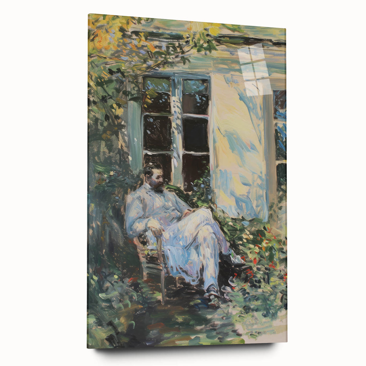 Abstract figurative acrylic artwork displayed in a side view, showcasing vibrant colors and fluid shapes on glass, ideal for modern decor and artistic expression.