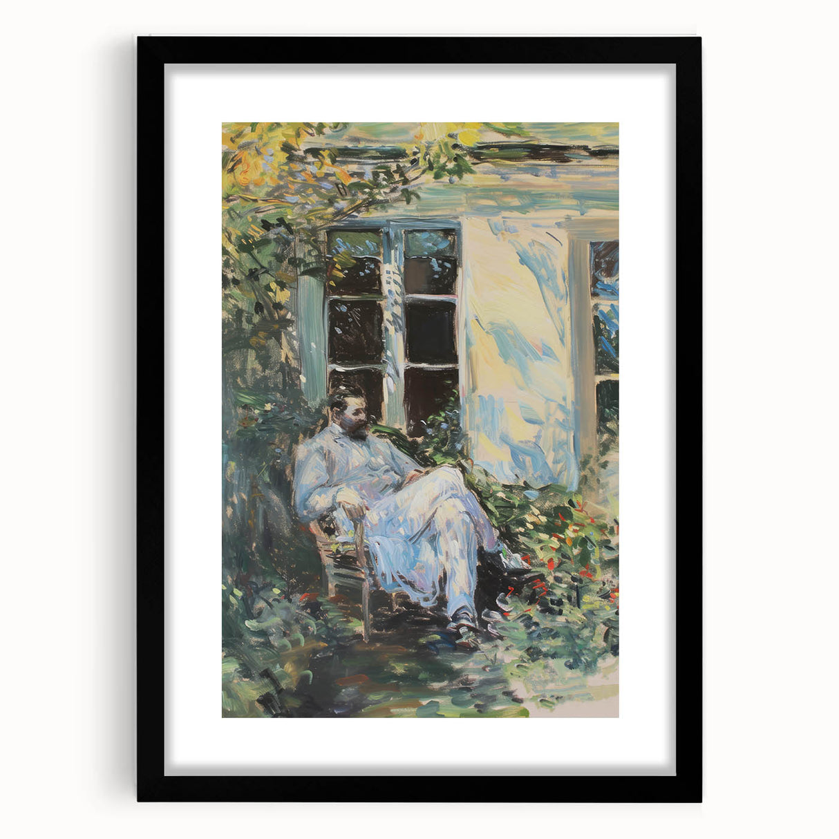 Abstract figurative black frame with mat, showcasing a modern art piece. The front view highlights its sleek design, perfect for contemporary decor. Ideal for art lovers seeking a stylish display option.