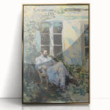 Framed abstract figurative artwork with a gold-acrylic finish, showcasing vibrant colors and dynamic shapes, perfect for modern home decor or art enthusiasts.