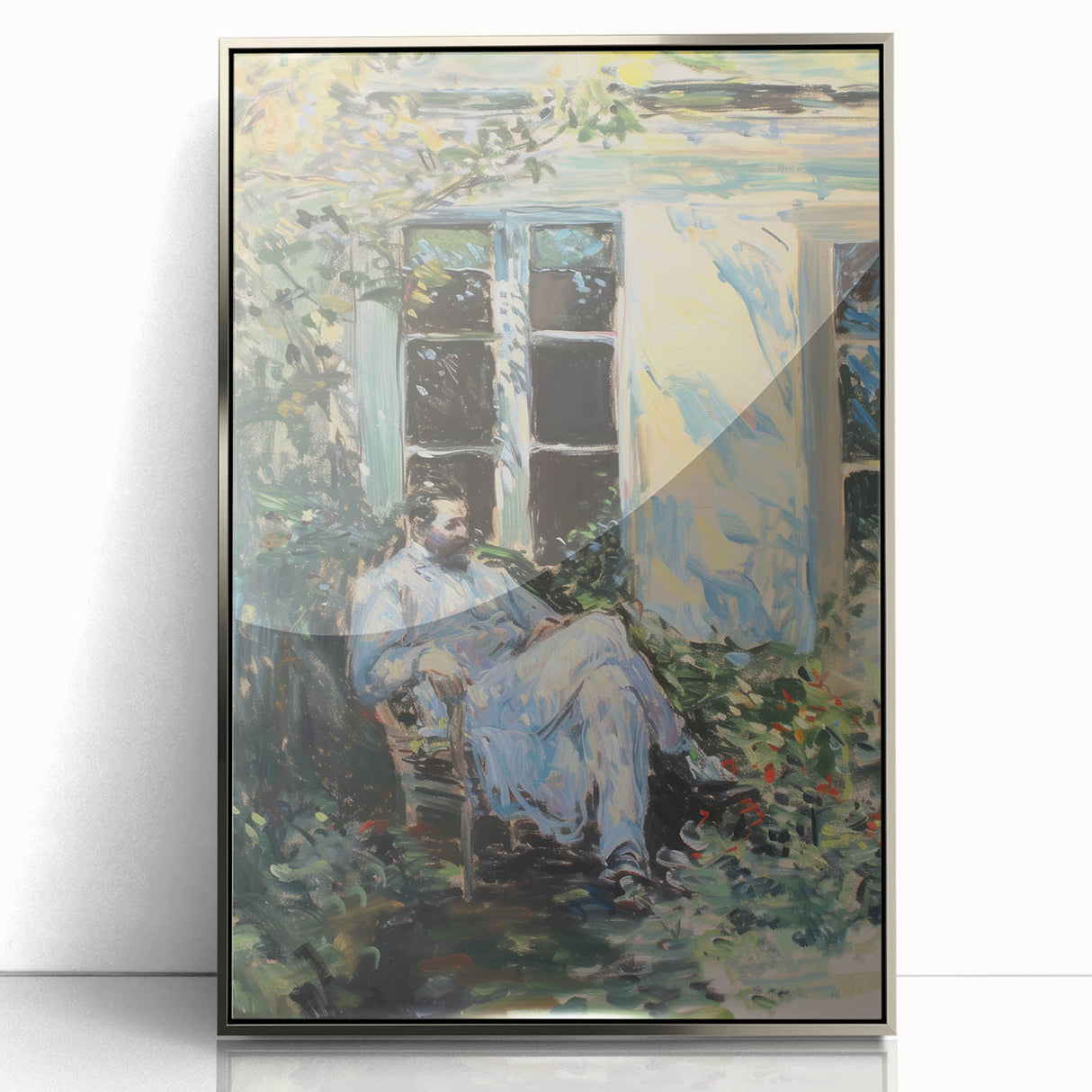 Abstract figurative artwork in a sleek silver frame, showcasing vibrant colors and dynamic shapes, perfect for modern home decor or art collections.