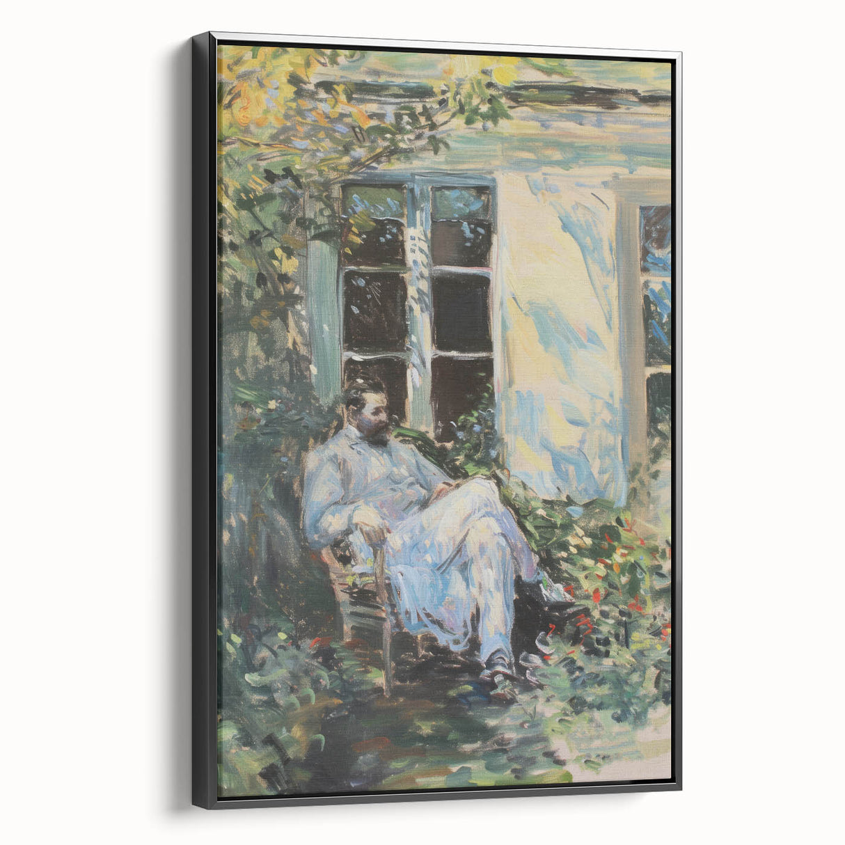 Abstract figurative framed canvas artwork showcasing a striking black design with dynamic shapes, perfect for modern home decor. Side view highlights the frame's sleek profile, enhancing the artistic appeal and versatility for various interior styles.