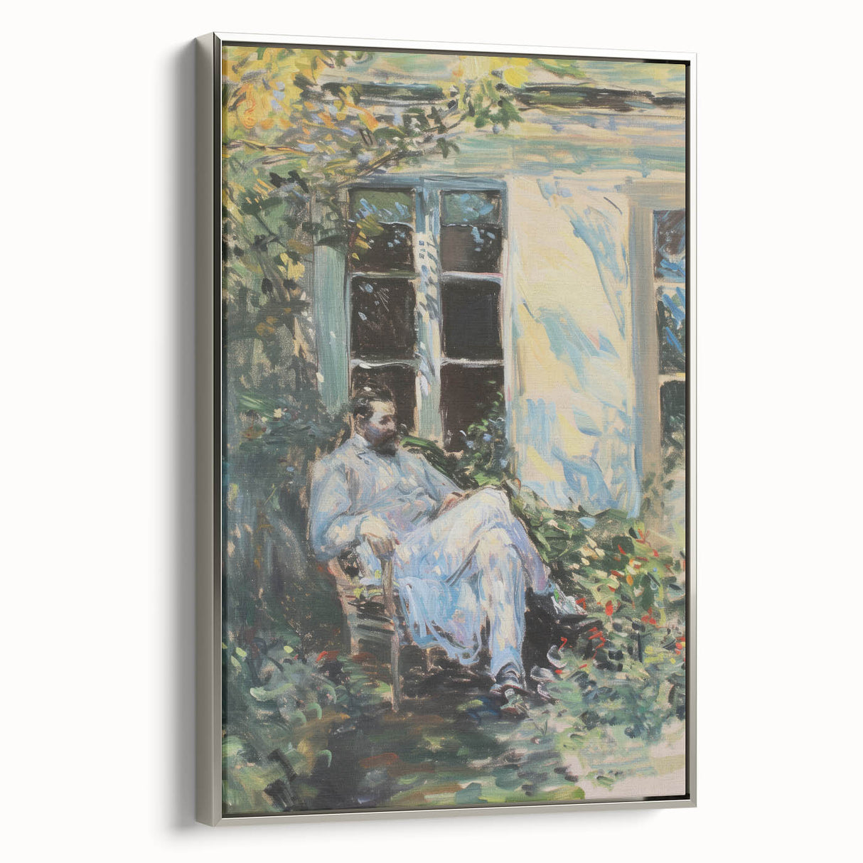 Framed abstract figurative canvas art with a silver frame, showcasing vibrant colors and dynamic shapes, ideal for modern home decor or art enthusiasts.