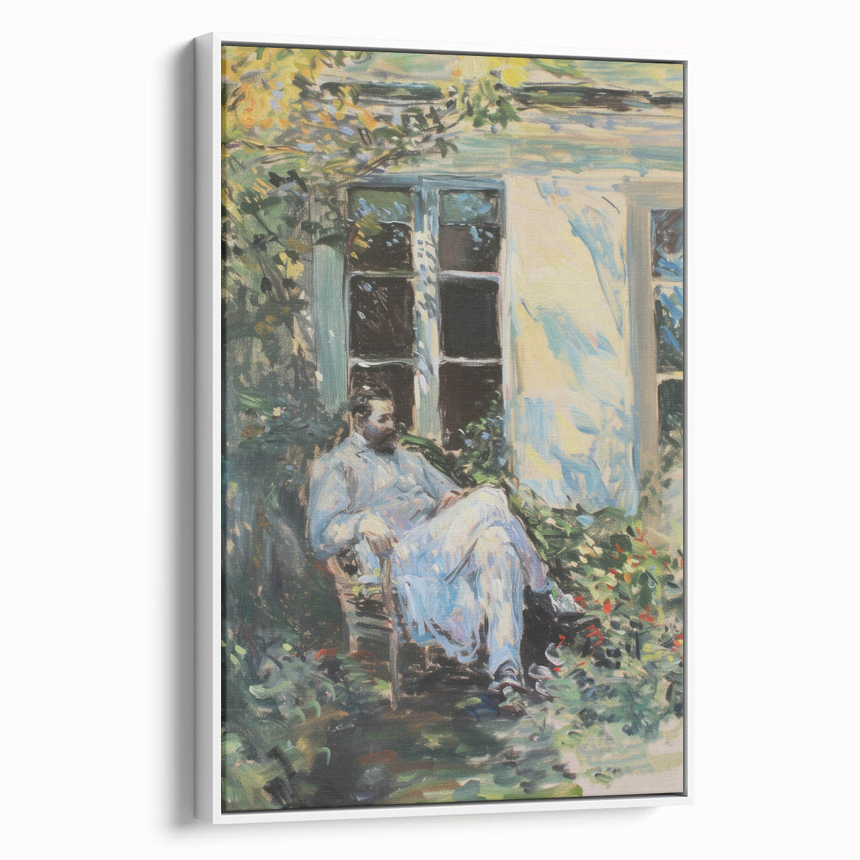 Abstract figurative art canvas framed in a sleek white frame, showcasing vibrant colors and dynamic shapes, perfect for modern home decor and artistic expression.