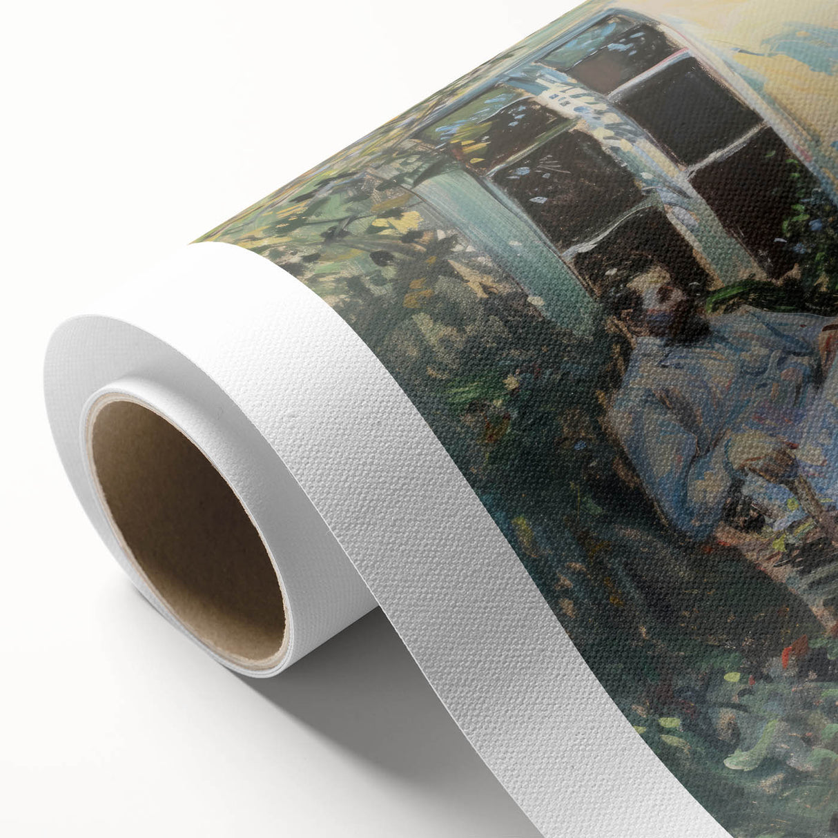 Abstract figurative art on rolled canvas showcasing vibrant colors and dynamic shapes, elegantly packaged in a protective cardboard tube for easy display.