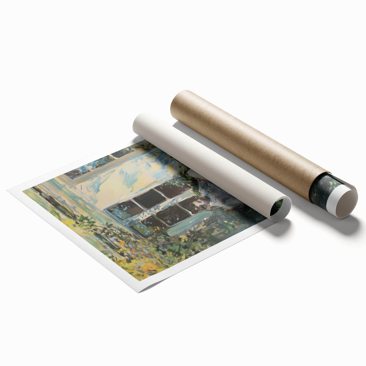 Abstract figurative rolled print showcasing vibrant colors and dynamic shapes, designed for modern decor. Packaged securely in a protective cardboard tube for delivery.