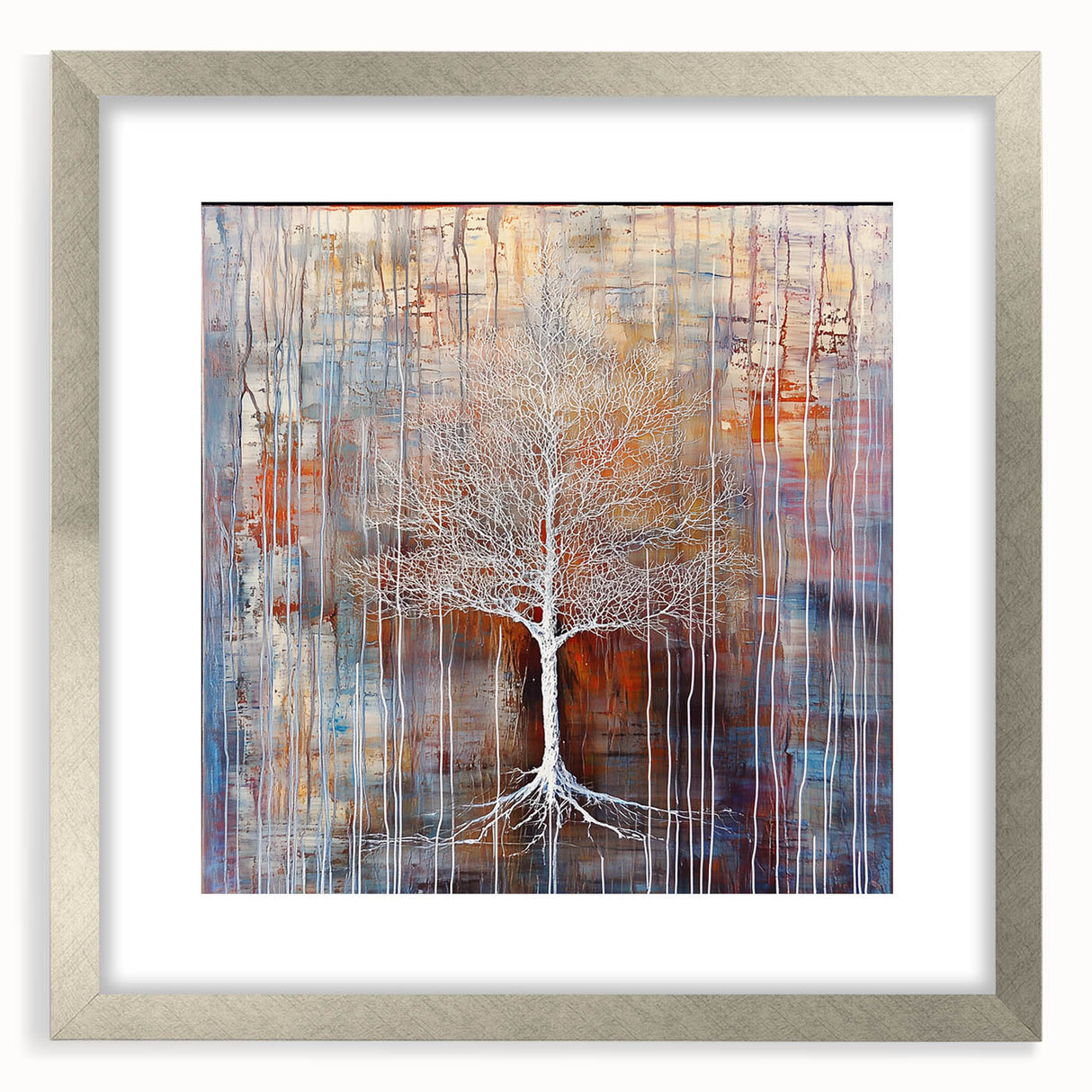 Abstract floral frame display with a silver mat, showcasing intricate floral designs in soft colors, ideal for modern home decor or gallery walls.