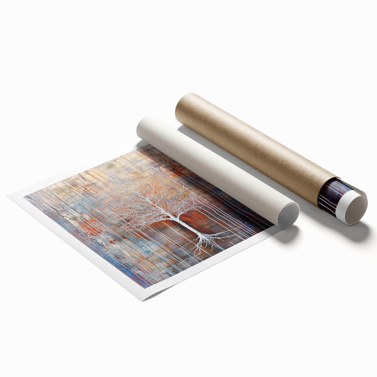 Abstract floral design rolled print showcasing vibrant colors and intricate details, elegantly packaged in a durable cardboard tube. Ideal for home decor.