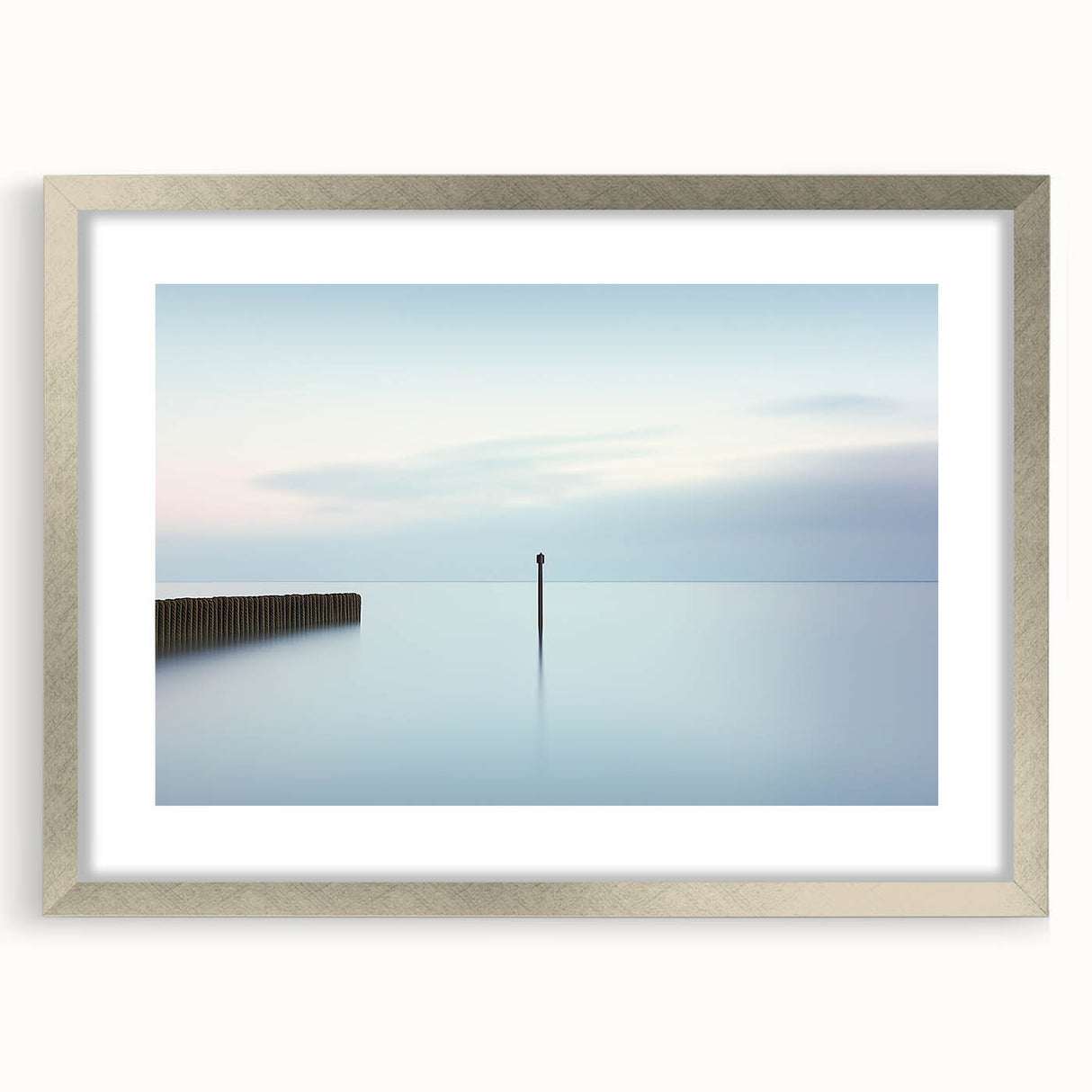 Abstract landscape artwork framed in silver with a mat, showcasing vibrant colors and modern design elements, ideal for contemporary home decor.