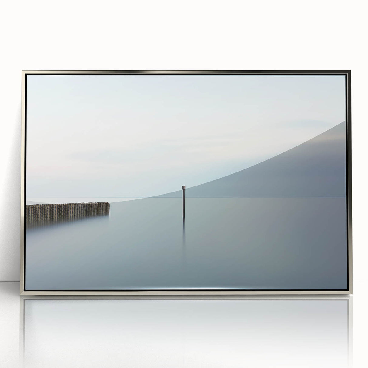 Framed abstract landscape artwork in silver acrylic, showcasing vibrant hues of blue and green, perfect for modern home decor or office spaces.