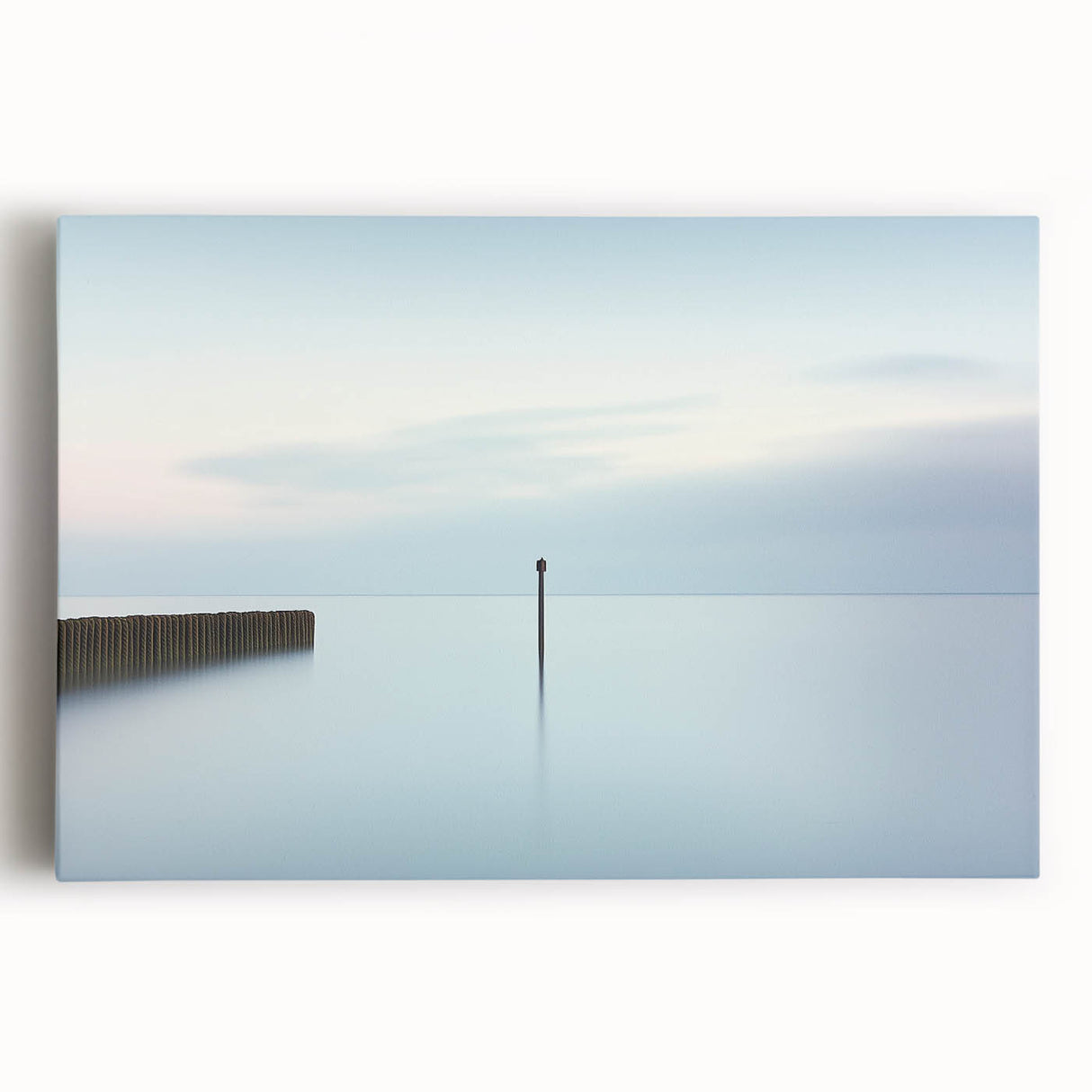 Abstract landscape stretched canvas artwork showcasing vibrant hues of blue, orange, and green, designed to enhance modern home decor with a contemporary feel.