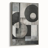 Framed abstract minimalist wall art featuring a silver color palette, showcasing geometric shapes and soft lines, perfect for modern home decor.