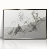 Framed abstract figurative wall art in silver acrylic, showcasing a modern design with flowing shapes and dynamic colors, perfect for contemporary decor.