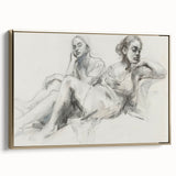 Framed abstract figurative canvas artwork showcasing gold accents and a textured surface, highlighted against a neutral background, ideal for modern decor.