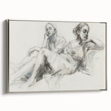 Abstract figurative framed canvas artwork with a silver frame, showcasing vibrant colors and dynamic shapes, perfect for modern home decor.