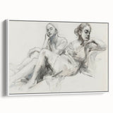 Abstract figurative framed canvas artwork showcasing a dynamic design in vibrant colors, presented in a sleek white frame, ideal for modern home decor.