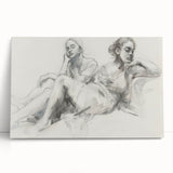 Abstract figurative stretched canvas artwork featuring vibrant colors and dynamic shapes, leaning against a neutral wall, perfect for modern home decor.