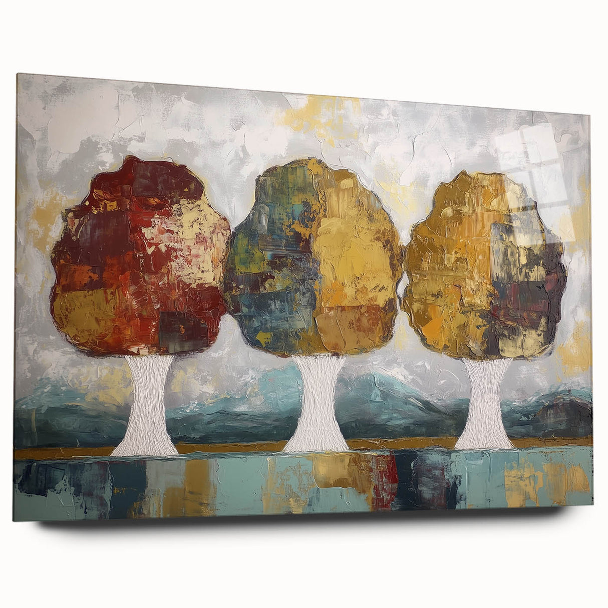 Abstract floral acrylic glass artwork displayed from a side view, showcasing vibrant colors and intricate designs, ideal for modern home decor.