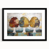 Abstract floral art print framed in black, showcasing vibrant colors and intricate details, perfect for modern home decor or gallery display.