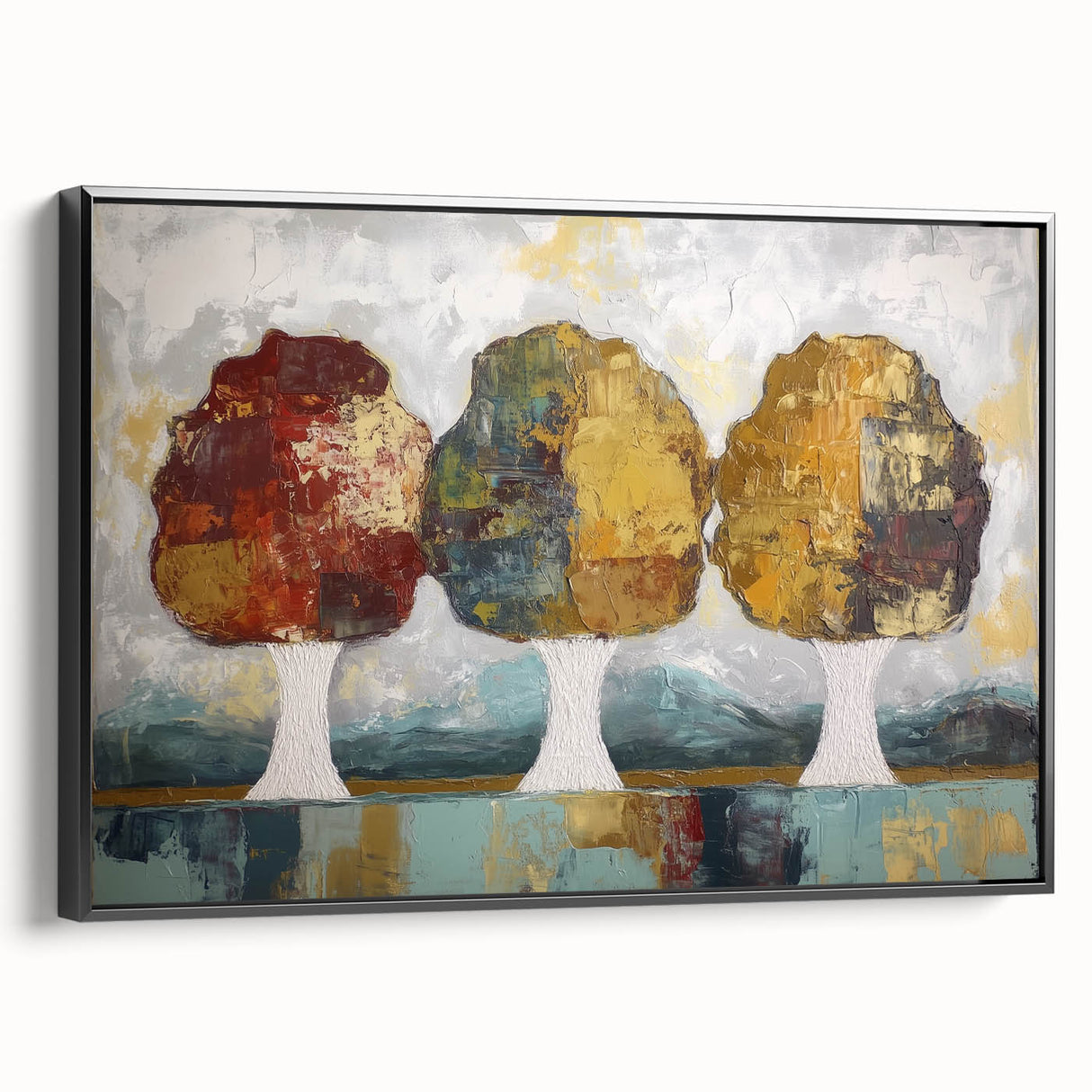 Framed canvas artwork showcasing an abstract floral design in vibrant colors, presented in a sleek black frame, perfect for modern home decor.