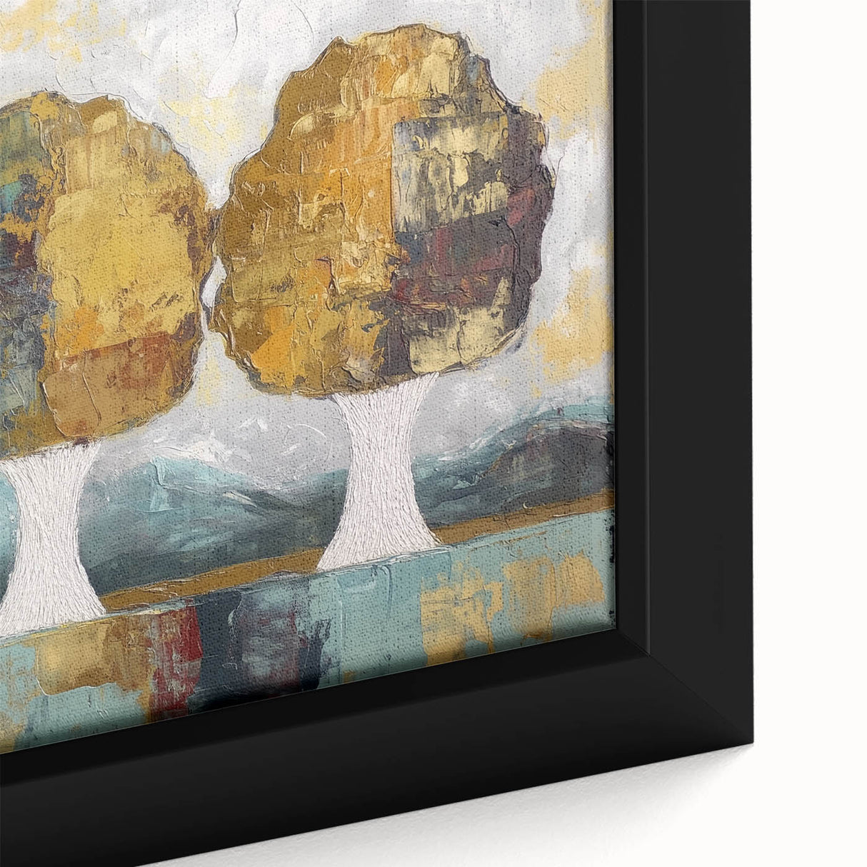 Close-up of a framed canvas showcasing vibrant abstract floral designs in shades of blue, pink, and green, perfect for modern home decor aesthetics.