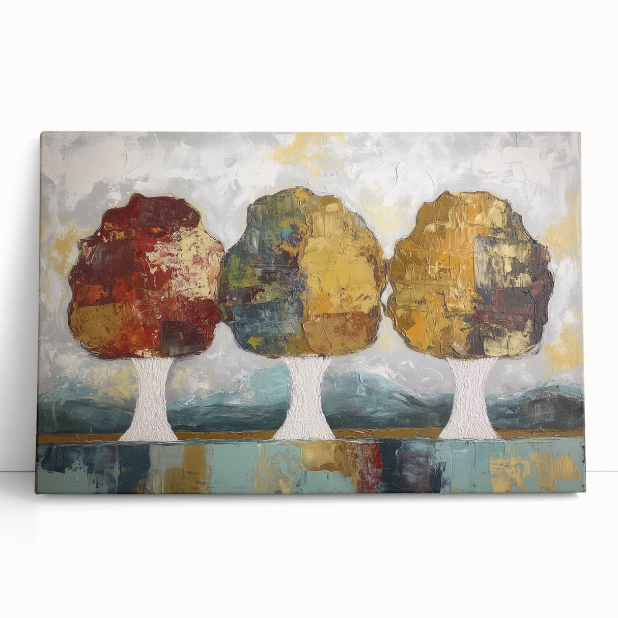 Abstract floral canvas artwork featuring vibrant colors and intricate designs, elegantly leaning against a white wall, perfect for modern home decor.
