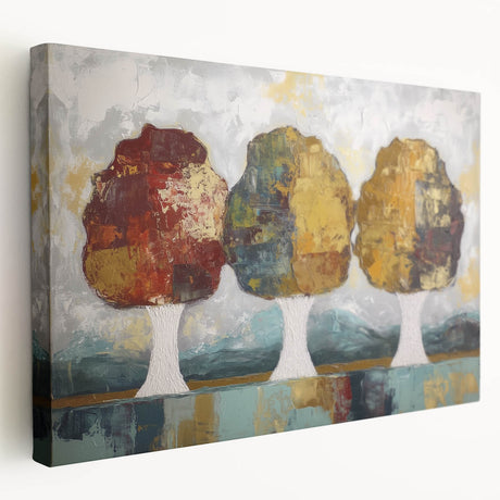 Stretched canvas artwork displaying a vibrant abstract floral design with rich colors, side view showcasing depth and texture, perfect for modern decor.
