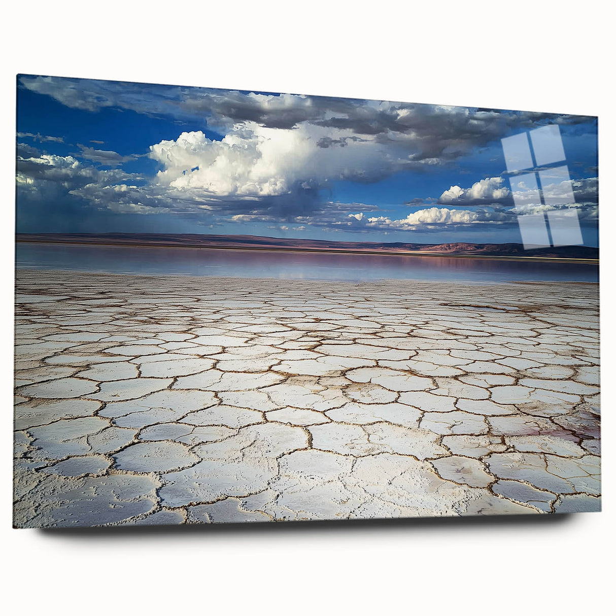 Abstract landscape artwork displayed on acrylic glass with a side view, showcasing vibrant colors and fluid shapes, perfect for modern home decor.