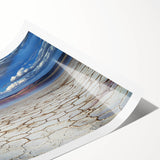 Abstract landscape rolled print showcasing vibrant hues of blue, green, and gold, featuring fluid shapes and organic forms, perfect for modern home decor.