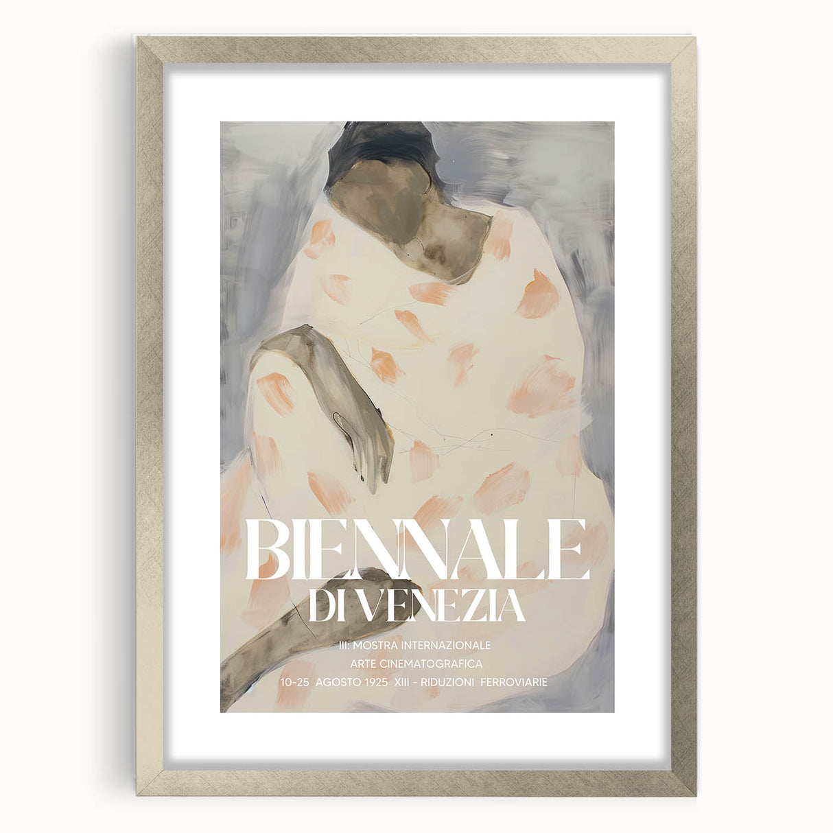 Abstract figurative frame in silver with a mat, showcasing an elegant front view that highlights its sleek design and modern aesthetic, perfect for enhancing home decor.