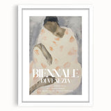 Abstract figurative artwork framed in white mat, showcasing vibrant colors and dynamic shapes, perfect for modern home decor or artistic displays.