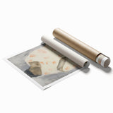 Abstract figurative art print with vibrant colors and dynamic shapes, elegantly rolled and packed in a protective tube, ideal for modern home decor.