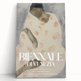 Abstract figurative stretched canvas artwork featuring vibrant colors and dynamic shapes, leaning against a wall, ideal for contemporary home decor.