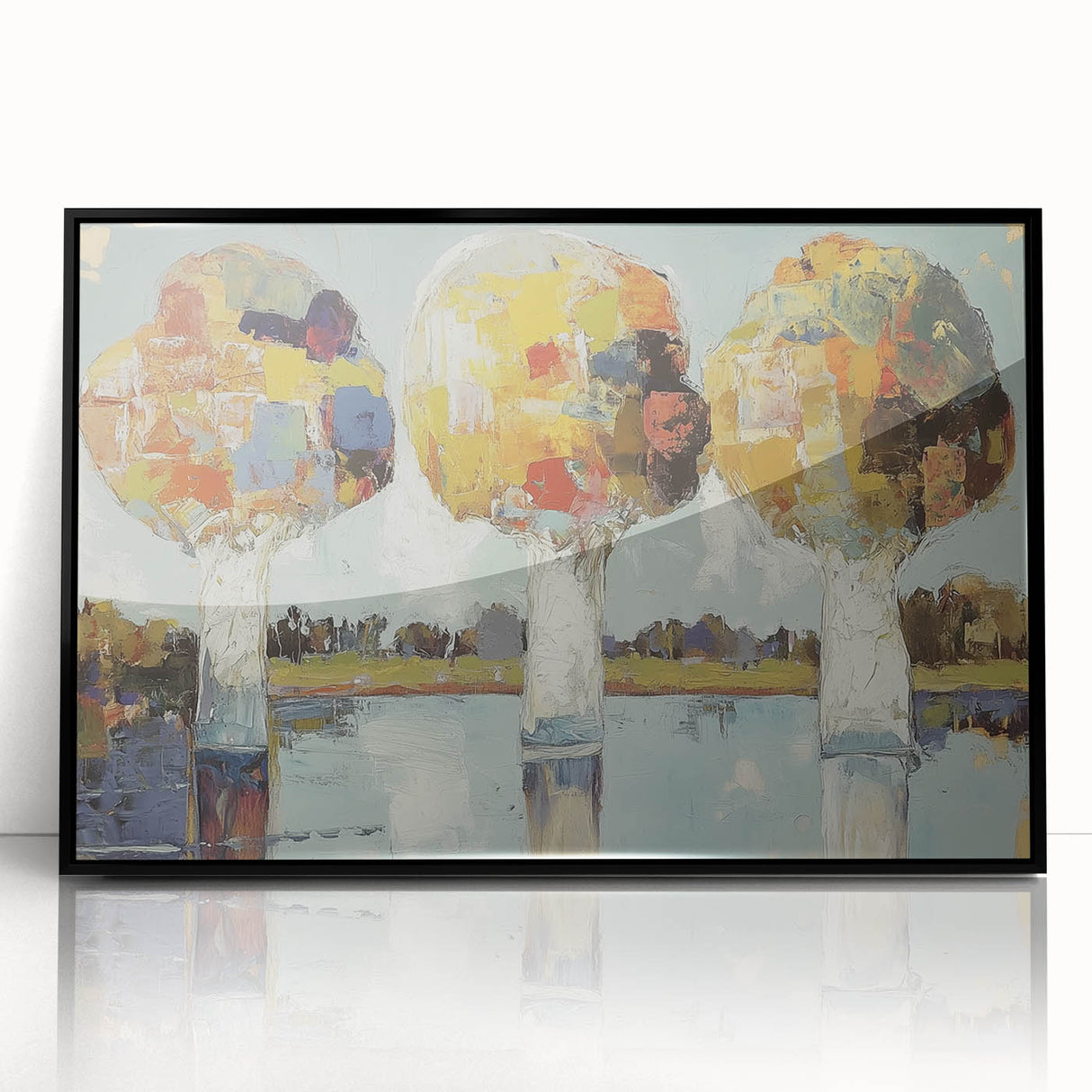 Framed abstract floral acrylic art piece with a sleek black border, showcasing vibrant colors and intricate designs, perfect for modern home decor.