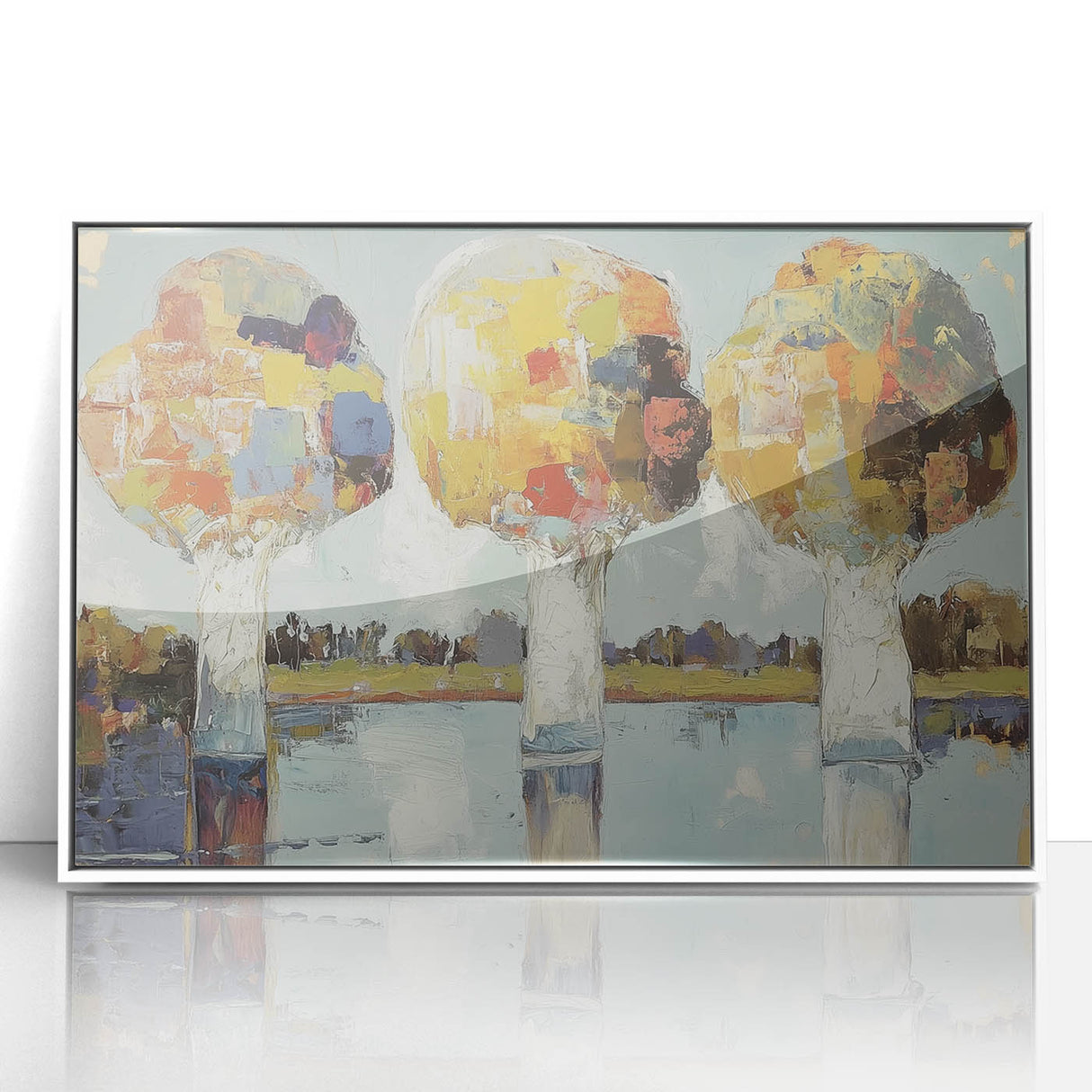 Framed acrylic artwork showcasing vibrant abstract florals in shades of pink, blue, and green, set against a clean white background, perfect for modern home decor.