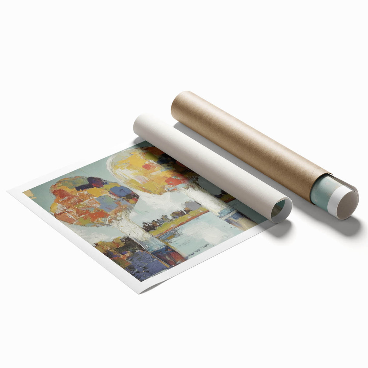 Abstract floral canvas print showcasing vibrant blue, pink, and green hues, elegantly rolled and packaged in a sturdy cardboard tube, perfect for home decor.