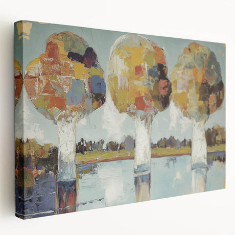 Abstract floral stretched canvas artwork showcasing vibrant colors and intricate designs, displayed from a side view to highlight its texture and depth.