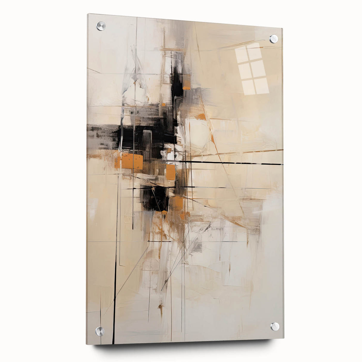 Abstract minimalist wall art piece displayed in a side view, featuring a sleek acrylic glass finish, secured with pins, showcasing a modern design suitable for contemporary decor.