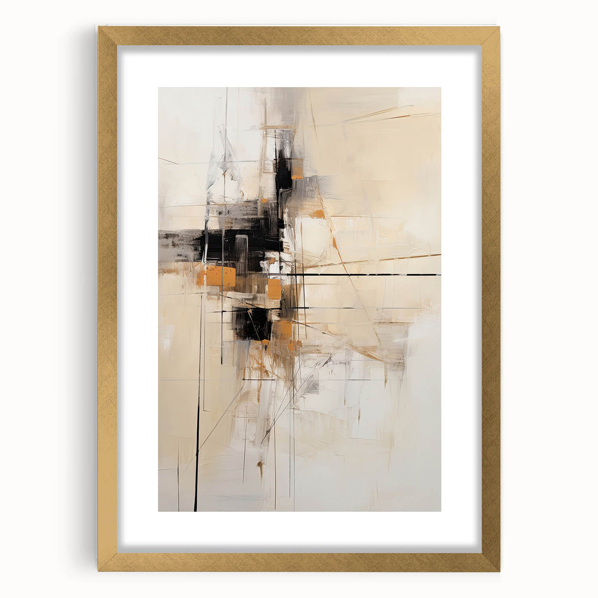 Abstract minimalist wall art framed in gold, featuring soft geometric shapes and muted colors, perfect for modern decor and enhancing interior aesthetics.