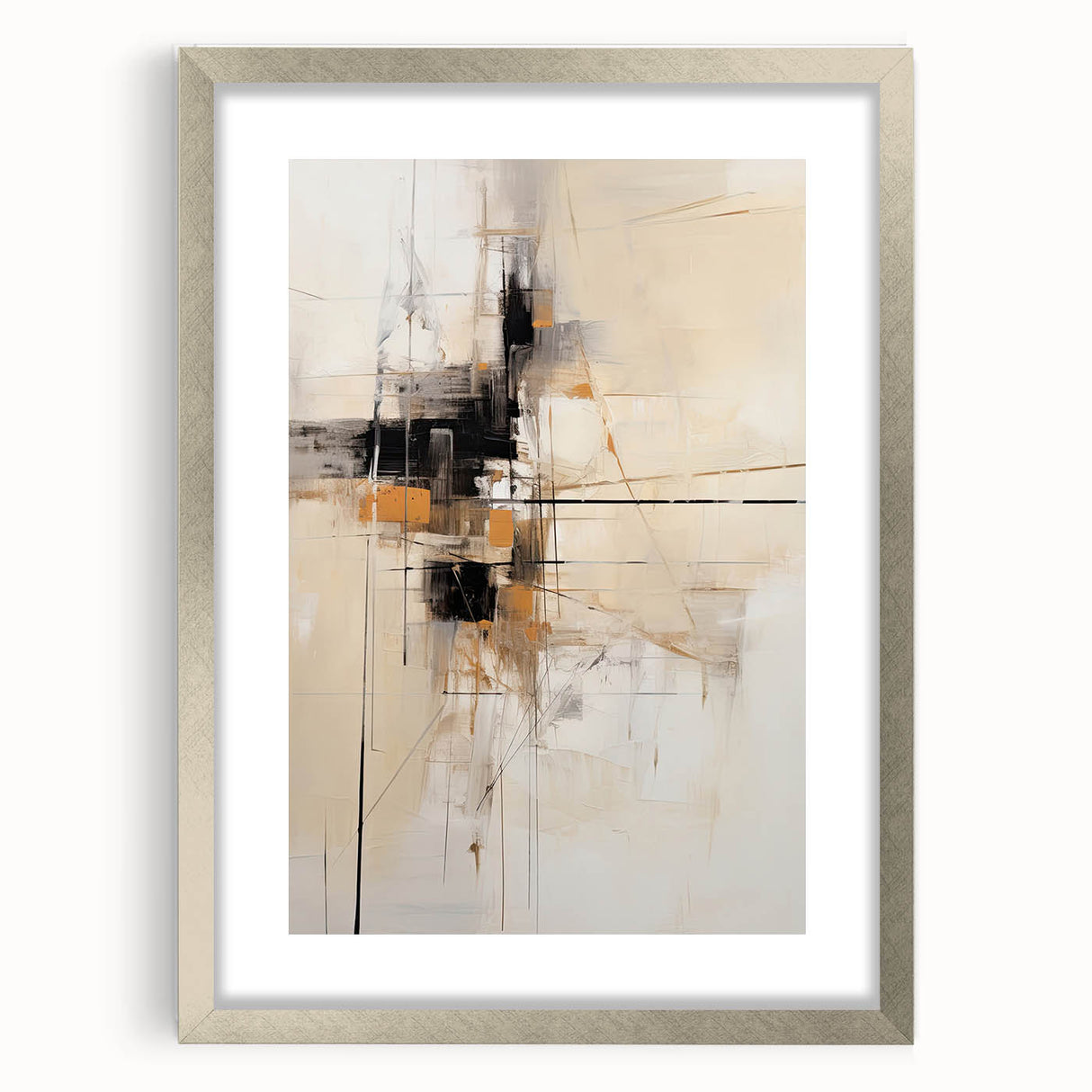Minimalist abstract wall art framed in silver with a mat, showcasing a modern design that enhances contemporary decor, perfect for stylish interiors.