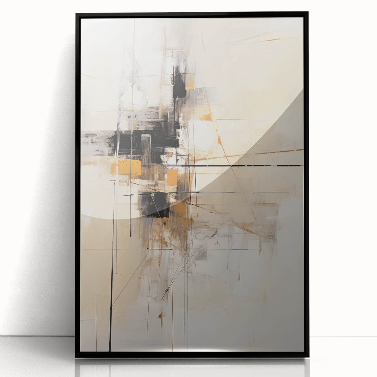 Framed abstract minimalist wall art in black acrylic, showcasing geometric patterns and clean lines, perfect for modern home decor. Ideal for stylish living spaces.