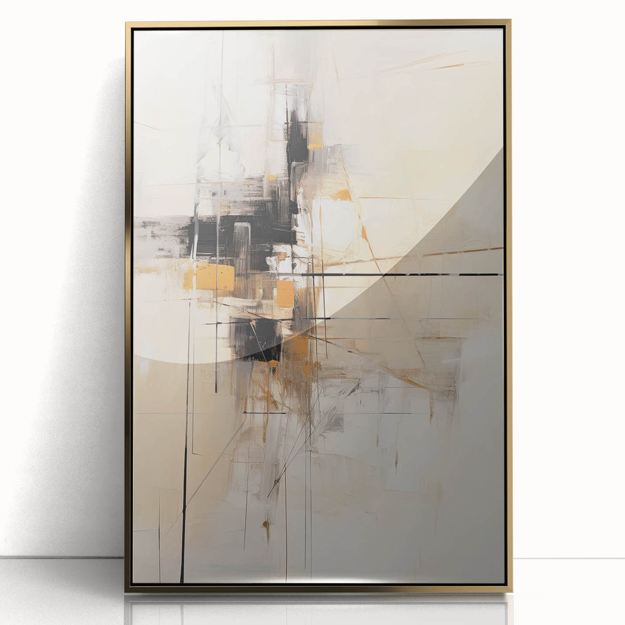 Framed abstract minimalist wall art featuring a gold design on acrylic, elegantly displayed against a neutral background, perfect for modern decor.