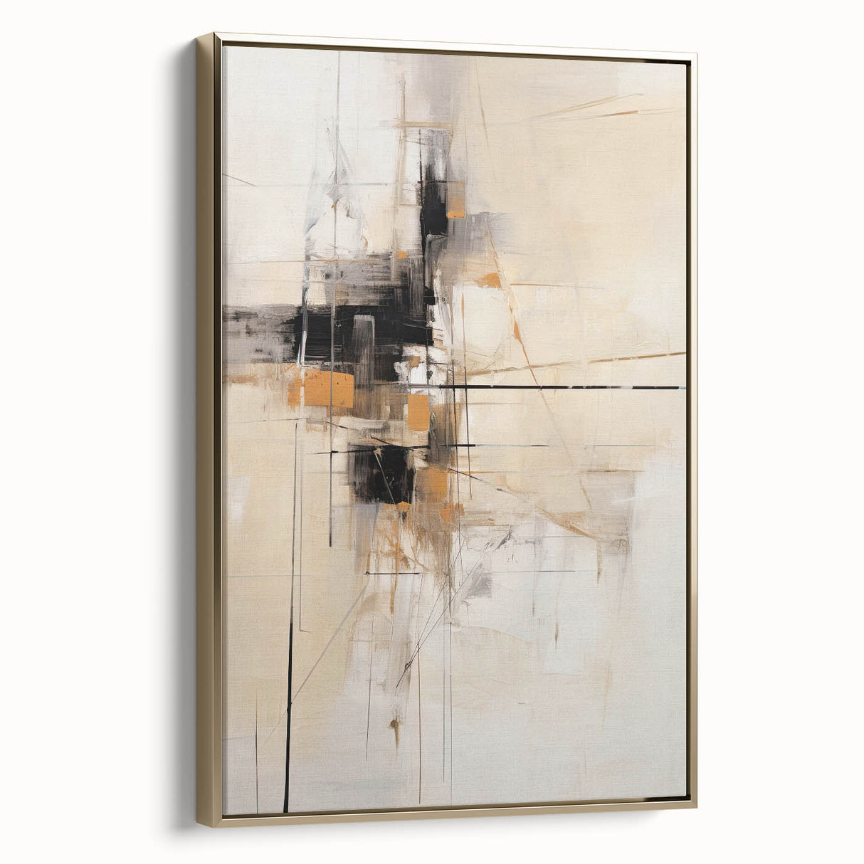 Framed abstract minimalist wall art featuring a gold design, showcasing a sleek side view. Perfect for modern decor, this canvas piece adds elegance to any room.