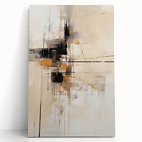 Abstract minimalist wall art on a stretched canvas, showcasing soft pastel colors and geometric shapes, elegantly leaning against a neutral background for modern decor.