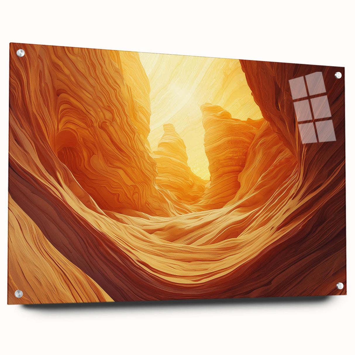Acrylic glass artwork showcasing a side view of a stunning landscape cave scene, mounted with pins for display. Ideal for modern home decor, this vibrant piece adds depth and elegance to any space.